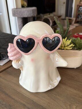 Ceramic Ghost Figurine Wearing Pink Heart Shaped Sunglasses, Ice Cream Cone